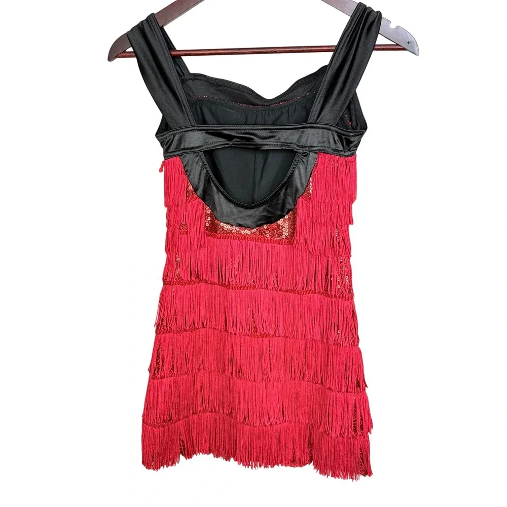 Weissman‎ Dance Costume Dress Kids LC Red Nylon Spandex Fringe Sequin 8810